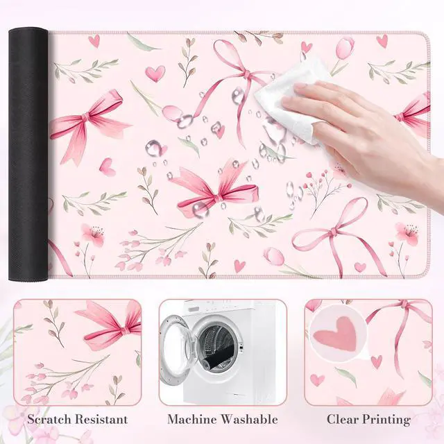 Alt view image 5 of 6 - Pink Coquette Desk Mat, Cute Large Mouse Pad for Keyboard, Non-Slip Waterproof Desk Pad, Office Desktop Mat with Stitched Edges, Desk Decor for Women Office Aesthetics