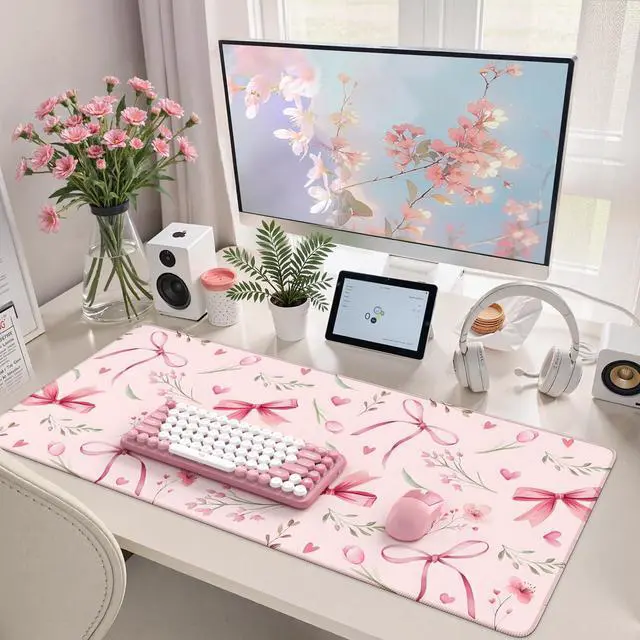 Main image of Pink Coquette Desk Mat, Cute Large Mouse Pad for Keyboard, Non-Slip Waterproof Desk Pad, Office Desktop Mat with Stitched Edges, Desk Decor for Women Office Aesthetics