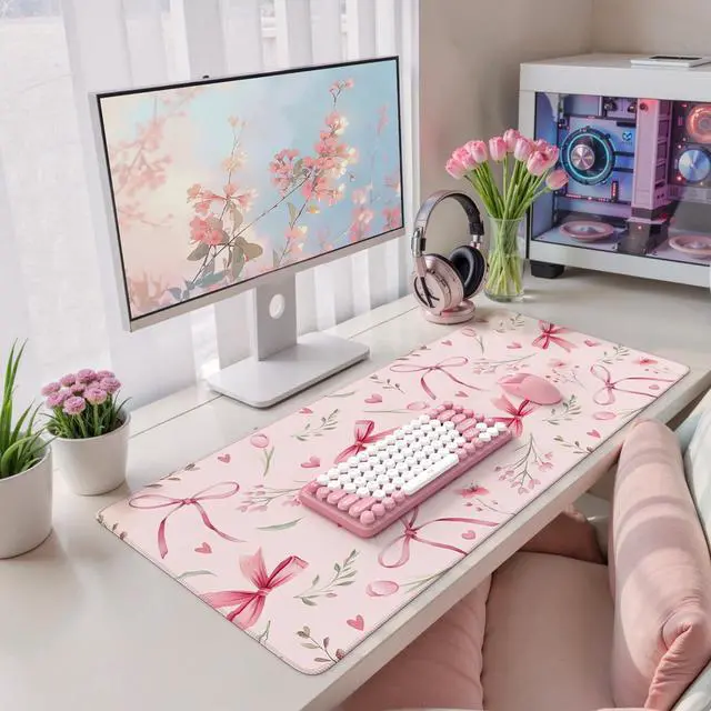 Alt view image 6 of 6 - Pink Coquette Desk Mat, Cute Large Mouse Pad for Keyboard, Non-Slip Waterproof Desk Pad, Office Desktop Mat with Stitched Edges, Desk Decor for Women Office Aesthetics