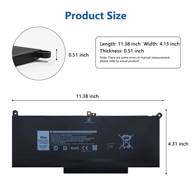 Alt view image 2 of 7 - F3YGT Battery Replacement for Dell Latitude 14 7000 7480 7490/13 7000 7380 7390 P29S002/12 7000 7280 7290 Series 0DM3WC DM3WC DM6WC 2X39G KG7VF V4940 451-BBYE 453-BBCF
