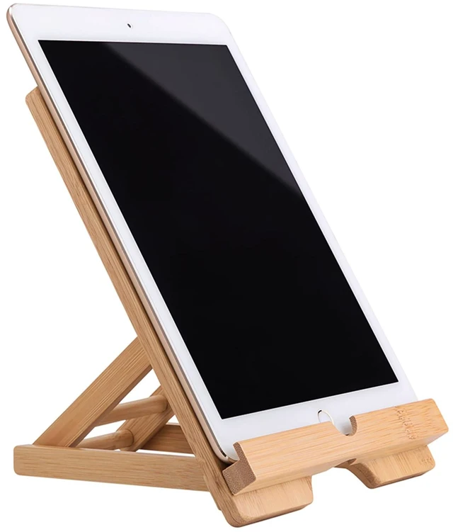 Main image of Bamboo Tablet Stand Holder Adjustable Folding Wood iPad Stand with Chargeable Hole for Desk iPad Cooking Stand