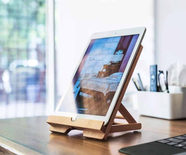 Alt view image 2 of 7 - Bamboo Tablet Stand Holder Adjustable Folding Wood iPad Stand with Chargeable Hole for Desk iPad Cooking Stand
