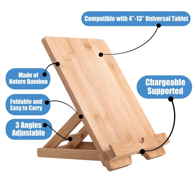 Alt view image 3 of 7 - Bamboo Tablet Stand Holder Adjustable Folding Wood iPad Stand with Chargeable Hole for Desk iPad Cooking Stand