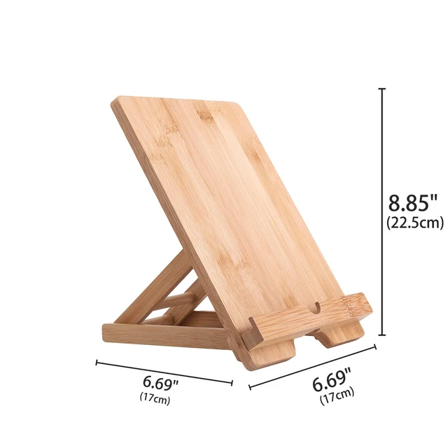 Alt view image 5 of 7 - Bamboo Tablet Stand Holder Adjustable Folding Wood iPad Stand with Chargeable Hole for Desk iPad Cooking Stand