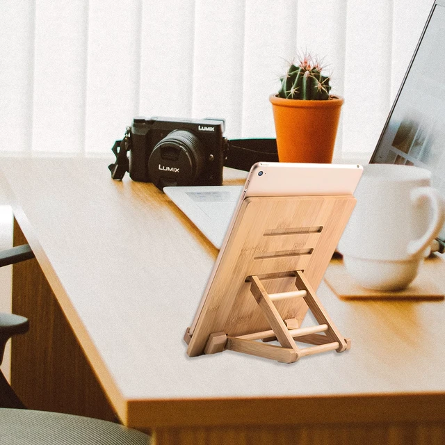 Alt view image 4 of 7 - Bamboo Tablet Stand Holder Adjustable Folding Wood iPad Stand with Chargeable Hole for Desk iPad Cooking Stand