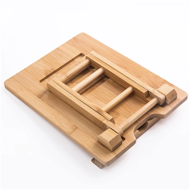 Alt view image 6 of 7 - Bamboo Tablet Stand Holder Adjustable Folding Wood iPad Stand with Chargeable Hole for Desk iPad Cooking Stand