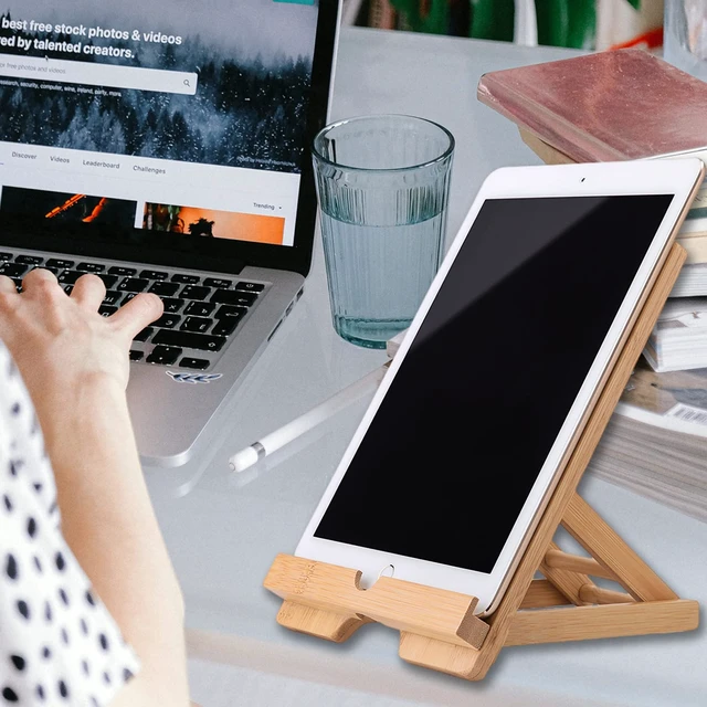 Alt view image 7 of 7 - Bamboo Tablet Stand Holder Adjustable Folding Wood iPad Stand with Chargeable Hole for Desk iPad Cooking Stand