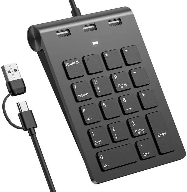 Main image of 2-in-1 Number Pad & USB Hub with USB-C and USB-A Cables, 15° Ergonomic Wired Numpad with 3 USB 2.0 Ports , Number Keypad for Laptop/iPad/MacBook/PC/Windows/MacOS,No Adapter Needed USB Number Keypad