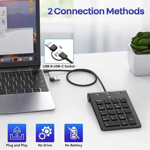 Alt view image 2 of 7 - 2-in-1 Number Pad & USB Hub with USB-C and USB-A Cables, 15° Ergonomic Wired Numpad with 3 USB 2.0 Ports , Number Keypad for Laptop/iPad/MacBook/PC/Windows/MacOS,No Adapter Needed USB Number Keypad