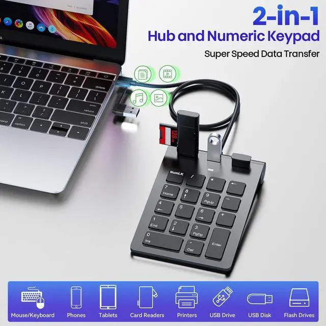 Alt view image 3 of 7 - 2-in-1 Number Pad & USB Hub with USB-C and USB-A Cables, 15° Ergonomic Wired Numpad with 3 USB 2.0 Ports , Number Keypad for Laptop/iPad/MacBook/PC/Windows/MacOS,No Adapter Needed USB Number Keypad