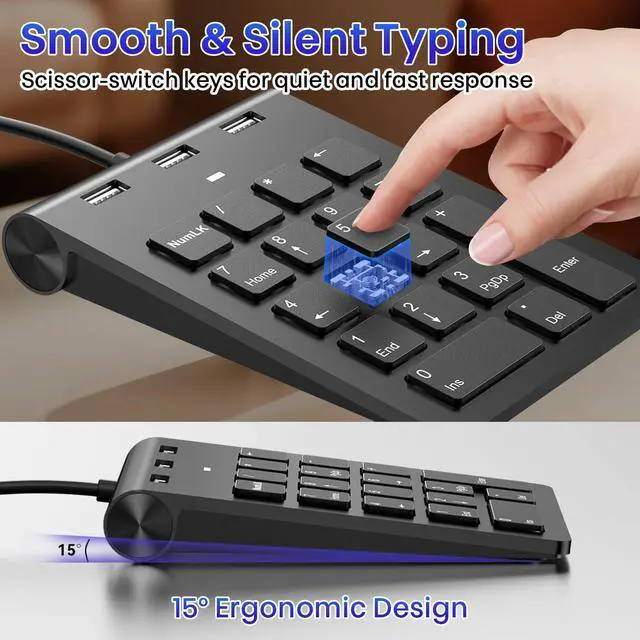 Alt view image 4 of 7 - 2-in-1 Number Pad & USB Hub with USB-C and USB-A Cables, 15° Ergonomic Wired Numpad with 3 USB 2.0 Ports , Number Keypad for Laptop/iPad/MacBook/PC/Windows/MacOS,No Adapter Needed USB Number Keypad