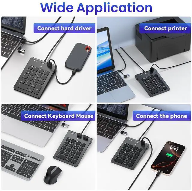 Alt view image 6 of 7 - 2-in-1 Number Pad & USB Hub with USB-C and USB-A Cables, 15° Ergonomic Wired Numpad with 3 USB 2.0 Ports , Number Keypad for Laptop/iPad/MacBook/PC/Windows/MacOS,No Adapter Needed USB Number Keypad