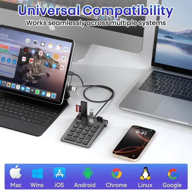 Alt view image 7 of 7 - 2-in-1 Number Pad & USB Hub with USB-C and USB-A Cables, 15° Ergonomic Wired Numpad with 3 USB 2.0 Ports , Number Keypad for Laptop/iPad/MacBook/PC/Windows/MacOS,No Adapter Needed USB Number Keypad