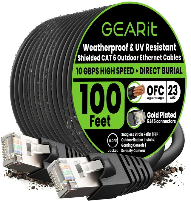 Main image of GEARit Cat 6 Ethernet Cable 100 Ft, Outdoor Direct Burial Cat6 Cable | 23AWG Pure Copper FTP, LLDPE Waterproof UV Resistant Jacket, PoE, for Outside, in Ground & Underground Network Runs