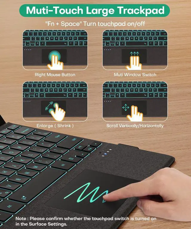 Alt view image 5 of 7 - Surface Pro Bluetooth Keyboard for Microsoft Surface Pro 11/10/9/8/X 13", 7 Color Backlits Wireless Type Cover with Multi-Touch Trackpad & Pen Holder, Magnetic USB-C Rechargeable Slim Keyboard, Black