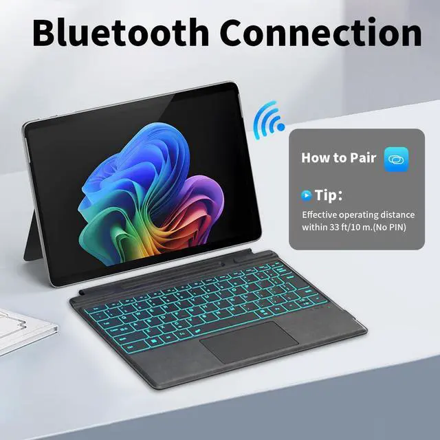 Alt view image 7 of 7 - Microsoft Surface Pro Keyboard for 11/10/9/8/X, 13" Ultra-Thin Detachable Bluetooth Type Cover with 7-Color Backlit, Multi-Touch Trackpad & Pen Holder
