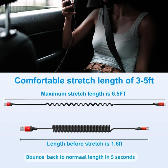 Alt view image 6 of 6 - Coiled USB A to USB C Cable for Car 6FT 2Pack USB C Charger Cable Fast | Charging Type C Charger Cord USB-C Cable Compatible with iPhone 17/16/15/Pro Max/Samsung Galaxy S23/Carplay/Android Auto-Red