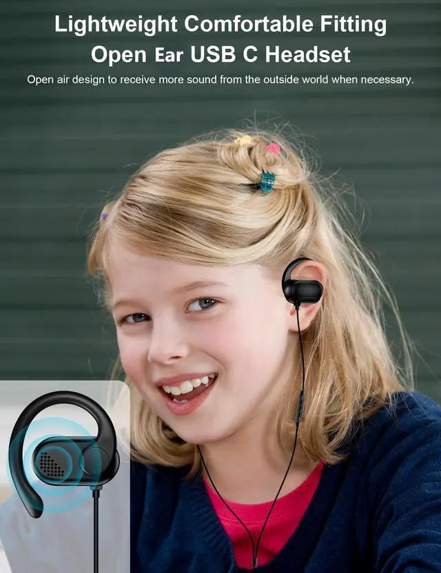 Alt view image 3 of 7 - USB Type C Headphone Open Ear Adjustable Over Ear Hook Headset School Kid Corded Earphone Laptop Wired Earbuds for iPhone 17 Pro Max 16 16e 15/Samsung A17 S25 S24 Flip/Android for iPad A16/Pixel 10 9a