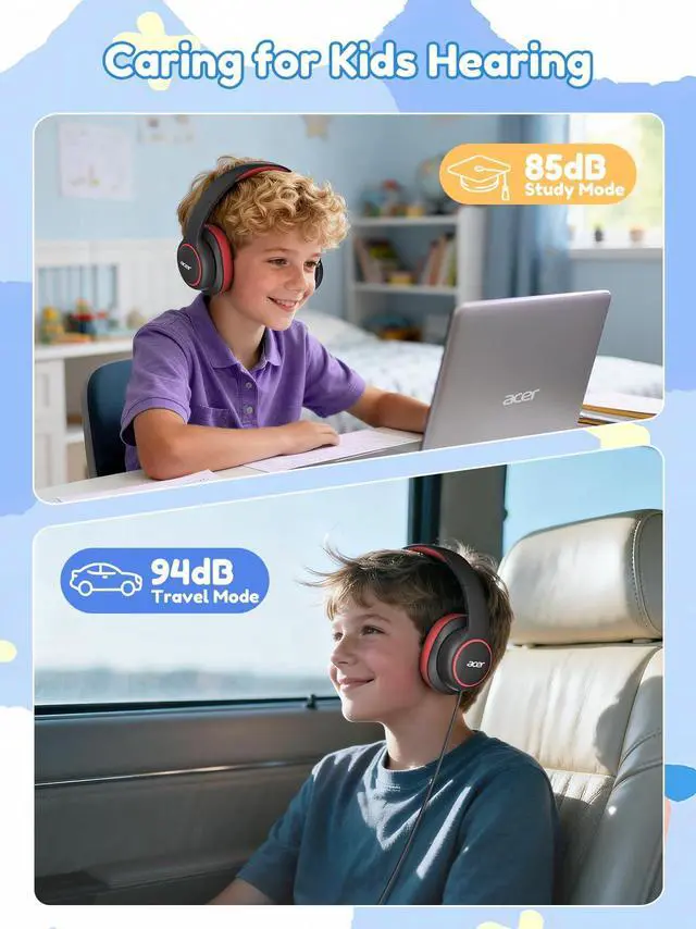 Alt view image 3 of 6 - Kids Headphones Wired for School - Over Ear Design, 85/94dB Safe Volume Limit, 3.5mm Jack Foldable Headphones for Toddler Boys Girls Classroom Yoto Player Chromebook Travel Black Red