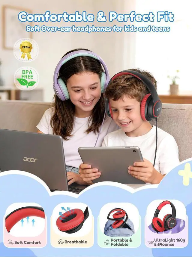 Alt view image 4 of 6 - Kids Headphones Wired for School - Over Ear Design, 85/94dB Safe Volume Limit, 3.5mm Jack Foldable Headphones for Toddler Boys Girls Classroom Yoto Player Chromebook Travel Black Red