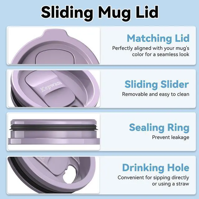 Alt view image 4 of 7 - Replacement Spill-Resistant Sliding Lid for Kepwam Self Heating Coffee Mug BPA-Free, Easy to Use & Clean, Compatible with T1, T2 & T2 Plus Smart Mugs (Lilac Violet)