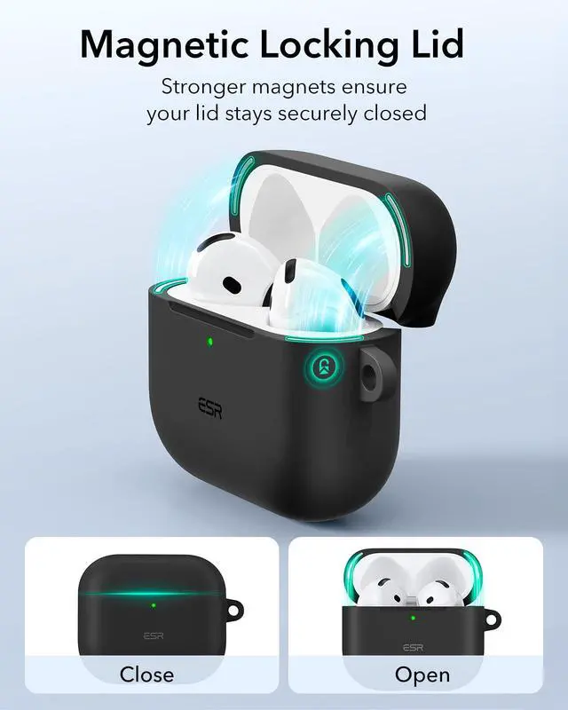 Alt view image 3 of 7 - for AirPods 4 Case (HaloLock), Compatible with AirPods 4th Generation Case (2024) (USB-C), Compatible with MagSafe, Full Drop Protection Cover with Carabiner, Magnetic Lid Lock, Black