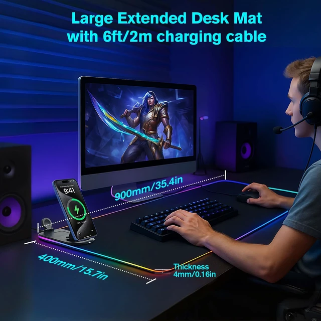 Alt view image 3 of 7 - 4 in 1 RGB Gaming Mouse Pad with Wireless Charging Mat for Office | Waterproof Large Desk Mat 35.43"x15.75", Ultra-Smooth Non-Slip Keyboard Pad for Home Office
