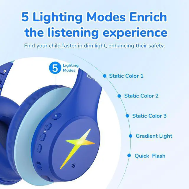 Alt view image 3 of 7 - K4 Kids Bluetooth Headphones, Wireless Headphones with Lights, Blue | 74/85/94dBA Volume Limited, Built-in Mic, 90H Playtime, Stereo Sound Bluetooth 5.4 Over Ear Headphone for iPad/Tablet/School