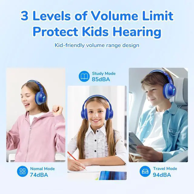 Alt view image 2 of 7 - K4 Kids Bluetooth Headphones, Wireless Headphones with Lights, Blue | 74/85/94dBA Volume Limited, Built-in Mic, 90H Playtime, Stereo Sound Bluetooth 5.4 Over Ear Headphone for iPad/Tablet/School