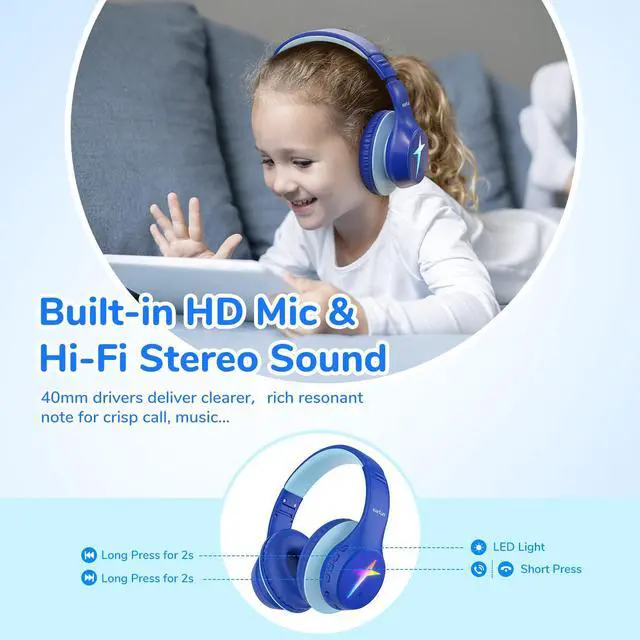 Alt view image 4 of 7 - K4 Kids Bluetooth Headphones, Wireless Headphones with Lights, Blue | 74/85/94dBA Volume Limited, Built-in Mic, 90H Playtime, Stereo Sound Bluetooth 5.4 Over Ear Headphone for iPad/Tablet/School