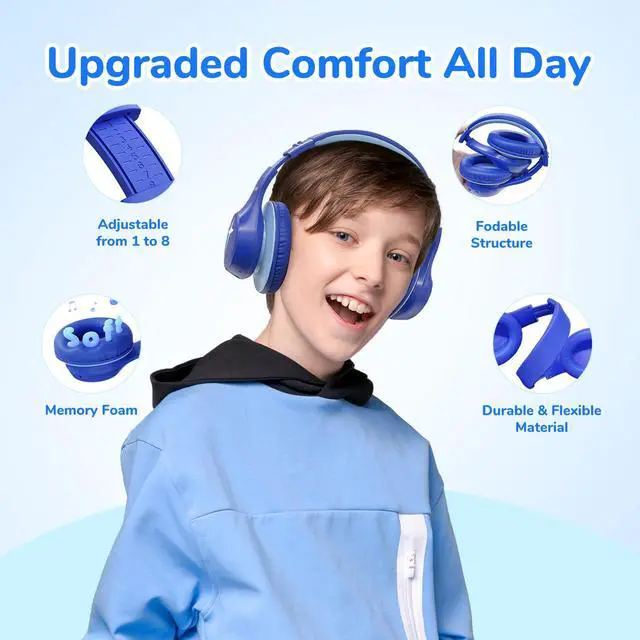 Alt view image 5 of 7 - K4 Kids Bluetooth Headphones, Wireless Headphones with Lights, Blue | 74/85/94dBA Volume Limited, Built-in Mic, 90H Playtime, Stereo Sound Bluetooth 5.4 Over Ear Headphone for iPad/Tablet/School