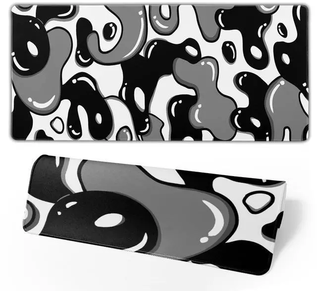 Alt view image 2 of 7 - Black White Geometric Japanese Mouse Pad Desk Mat 35.4" x 15.7" Abstract Extended Large Gaming Mouse Pad Black and White Non-Slip Base Stitched Edge Long Computer Keyboard Mat for Home Office Work
