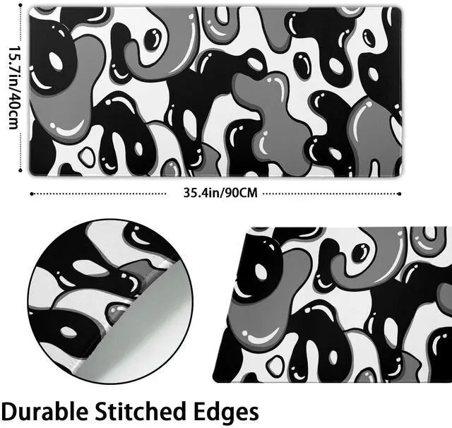 Alt view image 3 of 7 - Black White Geometric Japanese Mouse Pad Desk Mat 35.4" x 15.7" Abstract Extended Large Gaming Mouse Pad Black and White Non-Slip Base Stitched Edge Long Computer Keyboard Mat for Home Office Work