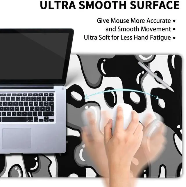 Alt view image 5 of 7 - Black White Geometric Japanese Mouse Pad Desk Mat 35.4" x 15.7" Abstract Extended Large Gaming Mouse Pad Black and White Non-Slip Base Stitched Edge Long Computer Keyboard Mat for Home Office Work