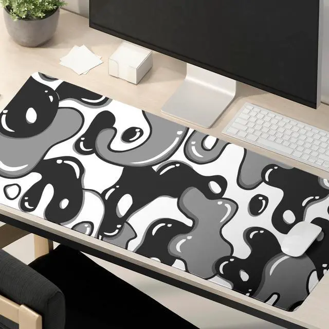 Alt view image 6 of 7 - Black White Geometric Japanese Mouse Pad Desk Mat 35.4" x 15.7" Abstract Extended Large Gaming Mouse Pad Black and White Non-Slip Base Stitched Edge Long Computer Keyboard Mat for Home Office Work