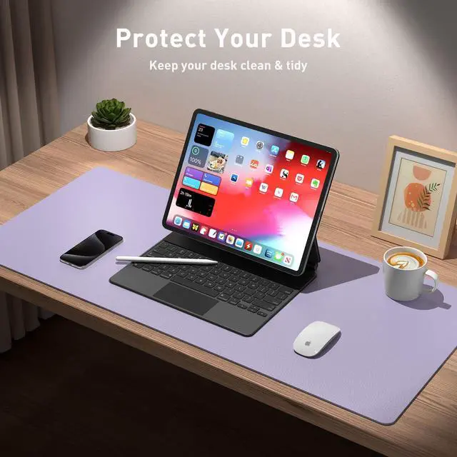 Alt view image 3 of 7 - Leather Desk Pad Protector, Large Mouse Pad, Office Desk Mat, Non-Slip PU Leather Desk Blotter, Laptop Desk Pad, Waterproof Desk Writing Pad for Office and Home (23.6" x 13.7", Lavender)