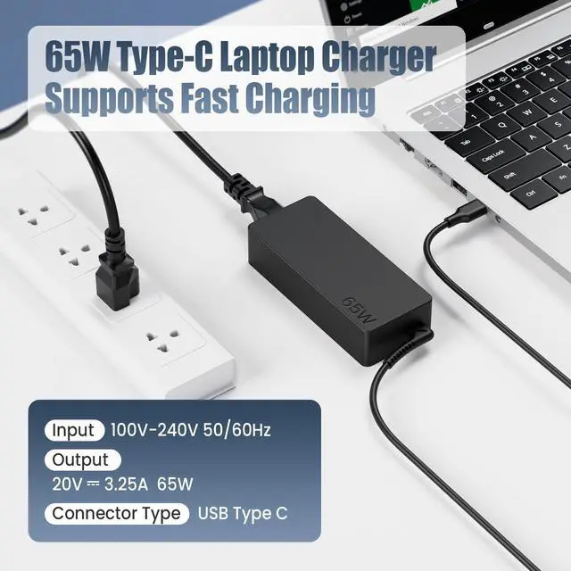 Alt view image 5 of 7 - Laptop Charger 65W watt USB Type C AC Adapter Replacement for Hp Chromebook 14 13 X360 Spectre x360 Elite x2 EliteBook; Lenovo Yoga,Dell, ASUS,Acer Type C Power Supply Adapter with Cord