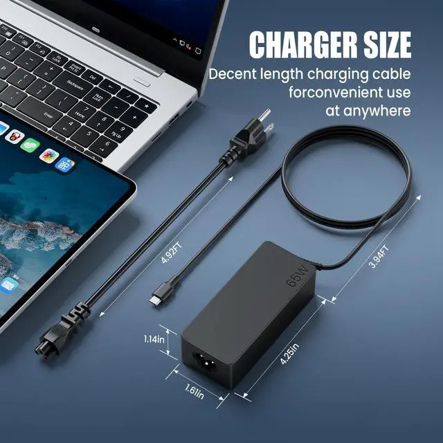 Alt view image 3 of 7 - Laptop Charger 65W watt USB Type C AC Adapter Replacement for Hp Chromebook 14 13 X360 Spectre x360 Elite x2 EliteBook; Lenovo Yoga,Dell, ASUS,Acer Type C Power Supply Adapter with Cord