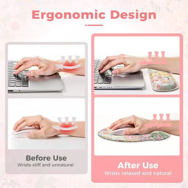 Alt view image 3 of 7 - Mouse Pad and Keyboard Wrsit Rest, Anti-Fatigue Gel Wrist Rest for Keyboard, Mouse Pad Set for Computer Women Office (Pink Floral)