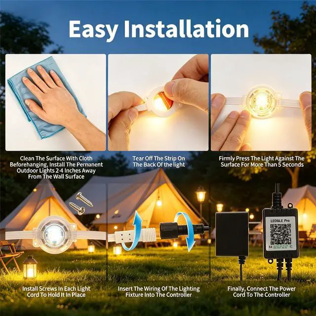 Alt view image 3 of 7 - 50ft Permanent Outdoor Lights for Mother's Day, IP67 Waterproof with App & Remote Control, Courtyard Party Light Strips Flexible Outdoor DIY Tape Lights for Balcony Deck Garden