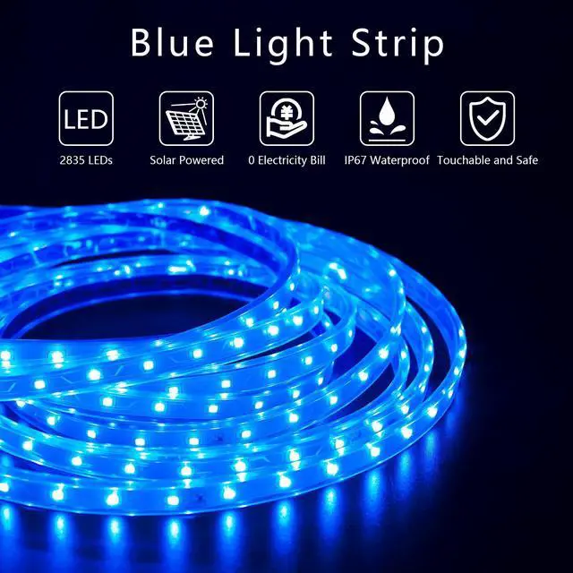 Alt view image 4 of 7 - UT Solar LED Strip Lights Outdoor, 16.4ft 280LEDs, Solar Powered Blue Light LED Strip with 8 Lighting Modes IP67 Waterproof 2835 SMD Rope Lights for Garden Trees Christmas Party Decor