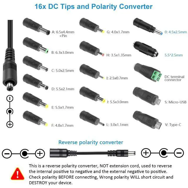 Alt view image 6 of 7 - Universal Power Supply Adjustable 3.5V~24V 3A 72W Variable 3.5V 5V 9V 12V 18V 20V 24V AC/DC Adapter, 100V-240V AC to DC Converter with 16 Tips,4-Way Power Splitter Cable,Polarity Converter