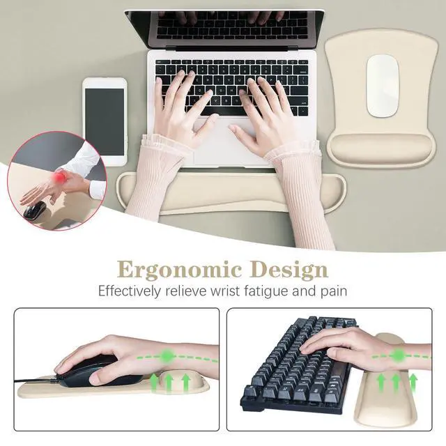 Alt view image 2 of 7 - Ergonomic Wrist Rest Support for Mouse Pad and Keyboard Set, Comfortable Memory Foam Keyboard Pad and Soft Gel Mouse Pad, Easy Typing and Pain Relief for Gaming, Office, Laptop, Apricot