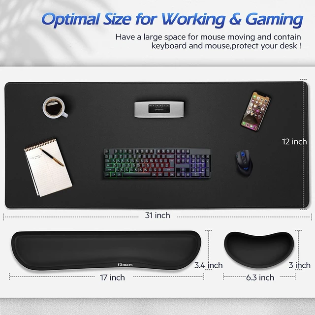 Alt view image 3 of 7 - 4 in 1 Mouse Pad and Keyboard Wrist Rest Set, Large Mouse Pad with Memory Foam Wrist Support Pad for Desk with Coaster, Easy Typing Pain Relief, Gaming Office Home, 31.5x12 inch, Black