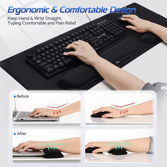 Alt view image 4 of 7 - 4 in 1 Mouse Pad and Keyboard Wrist Rest Set, Large Mouse Pad with Memory Foam Wrist Support Pad for Desk with Coaster, Easy Typing Pain Relief, Gaming Office Home, 31.5x12 inch, Black