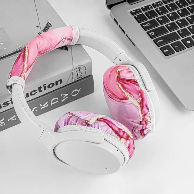 Alt view image 5 of 6 - NOVA 2 Pairs Flex Fabric Headphones Ear Covers - Product Safety Certified - Washable & Stretchable Earcup Protectors for Over-Ear Headsets, Sweat Pads for Gym (Size M/Pink Marble)