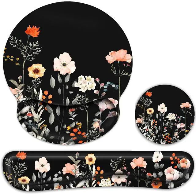 Main image of Ergonomic Mouse Pad with Wrist Rest and Keyboard Wrist Rest, Wrist Rest for Computer Keyboard, Easy Typing, Pain Relief, Black Mouse Pad with Wrist Support for Gaming,Office, Laptop, Garden Flowers