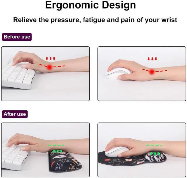 Alt view image 3 of 7 - Ergonomic Mouse Pad with Wrist Rest and Keyboard Wrist Rest, Wrist Rest for Computer Keyboard, Easy Typing, Pain Relief, Black Mouse Pad with Wrist Support for Gaming,Office, Laptop, Garden Flowers