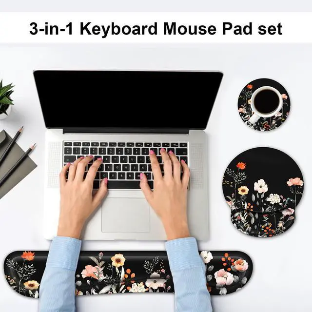 Alt view image 2 of 7 - Ergonomic Mouse Pad with Wrist Rest and Keyboard Wrist Rest, Wrist Rest for Computer Keyboard, Easy Typing, Pain Relief, Black Mouse Pad with Wrist Support for Gaming,Office, Laptop, Garden Flowers