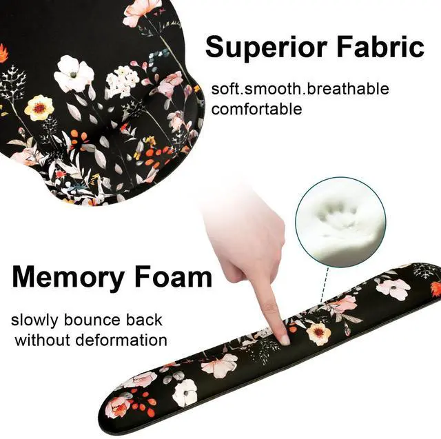 Alt view image 4 of 7 - Ergonomic Mouse Pad with Wrist Rest and Keyboard Wrist Rest, Wrist Rest for Computer Keyboard, Easy Typing, Pain Relief, Black Mouse Pad with Wrist Support for Gaming,Office, Laptop, Garden Flowers